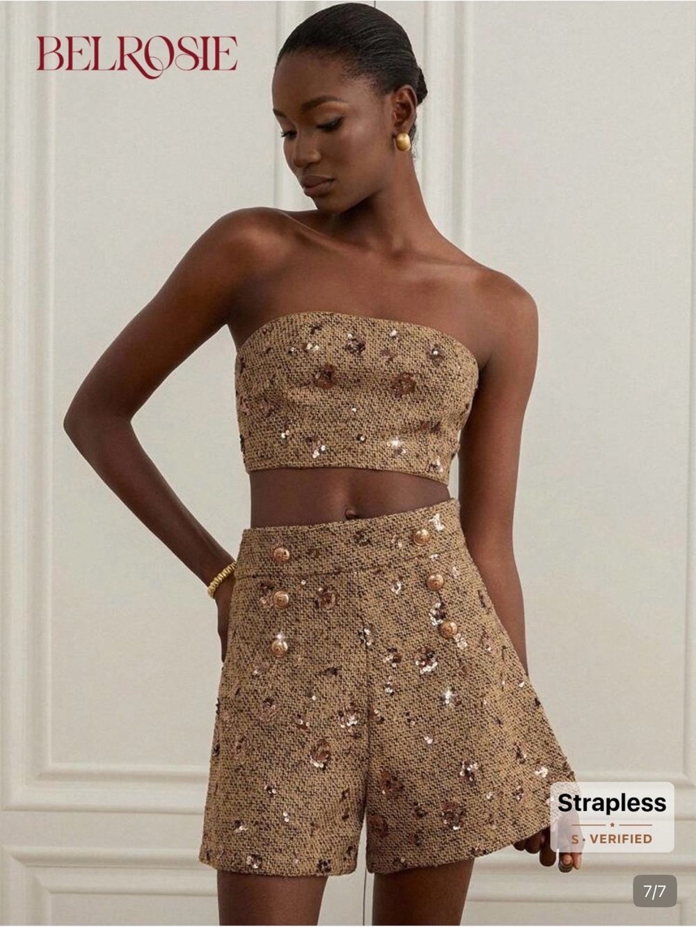 New no tags. BelRosie Gold Sequin Strapless Tweed Crop Top & Shorts Set. M